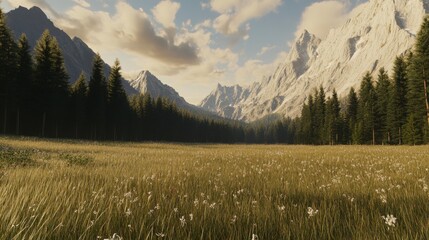 Serene Alpine Meadow with Majestic Mountain Range. A Breathtaking Mountain View. Tranquil Scenic Landscape.