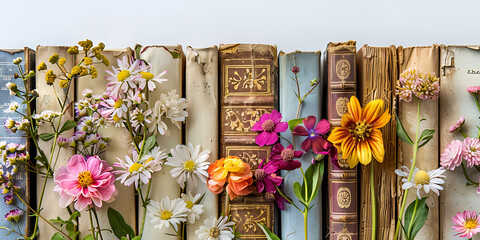 Colorful Flower Arrangement Among Vintage Books, Creating a Vibrant Display