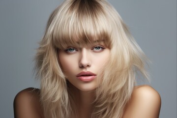 Fototapeta premium Beautiful Blonde Coiffure with Perfectly Cut Forelock and Bangs. A Close-Up Shot of a Stunning Model with Gorgeous Blonde Hair on Gray Background; Ideal Concept for Hair and Beauty