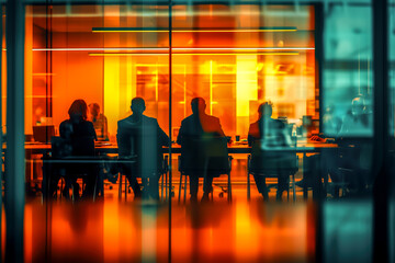 Silhouetted figures in an orange-lit conference room, engaged in a meeting.