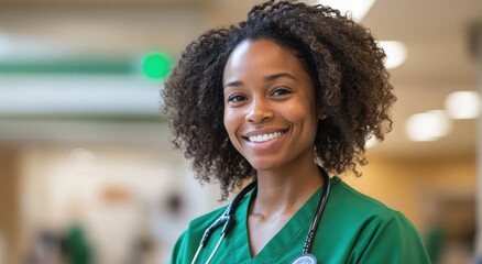 Nurse wearing scrubs smiles warmly while working in a busy hospital environment, embodying dedication and care for patients