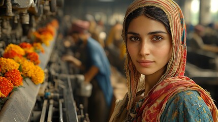 Obraz premium Group of factory workers in traditional Indo Pak clothing with one worker aspiring to rise to management through hard work