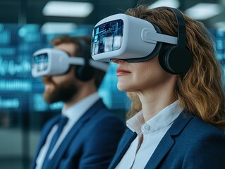 Virtual reality experience tech conference image of professionals modern office close-up innovation in technology