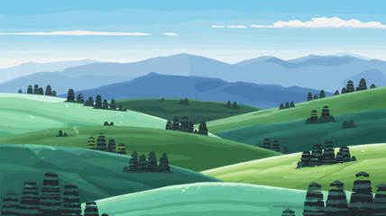 Green Hills with Blue Mountains Landscape