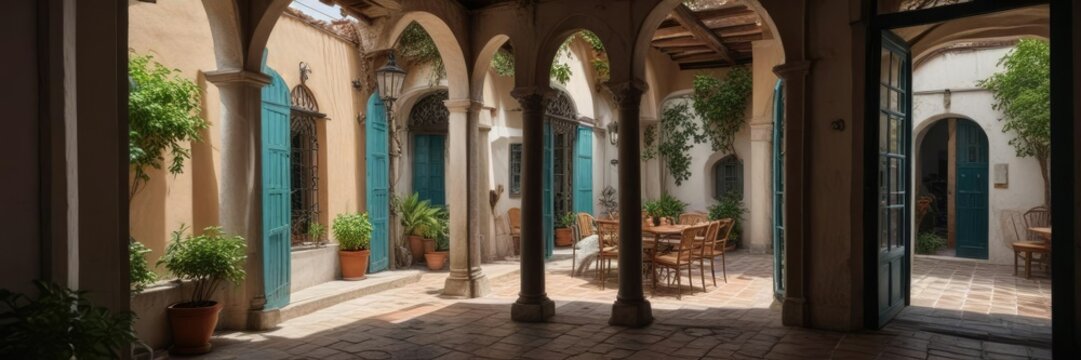 Patio interior del antiguo edificio colonia del sacramento con muros y ventanas , patio interior, monumento