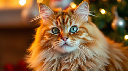 Cute funny cat sitting on background of stylish christmas tree with vintage baubles and star. Pet and winter holidays. Adorable kitty in festive decorated room. Merry Christmas!