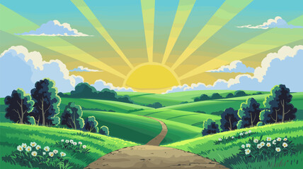 Fototapeta premium Sunrise over Rolling Green Hills Landscape