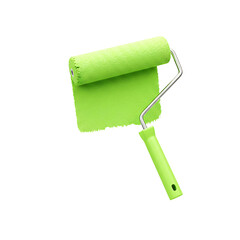 Obraz premium Paint Roller with Vibrant Lime Green Paint Stroke on White Background 