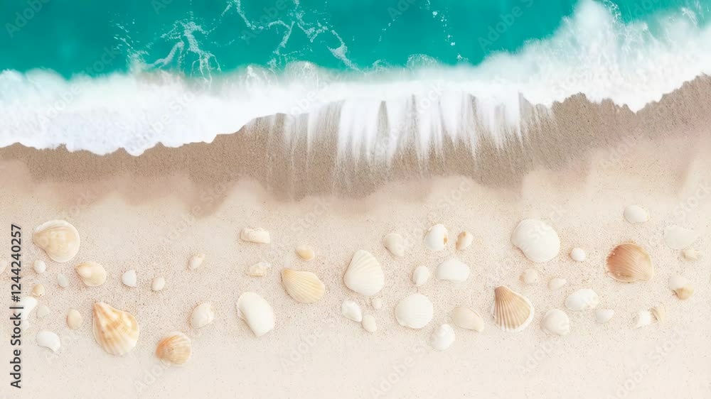 Poster turquoise ocean waves gently washing seashells and pebbles on a pristine sandy beach create a soothi