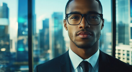 A black businessman in glasses wears a suit while presenting a confident demeanor inside a high-rise office with a city view