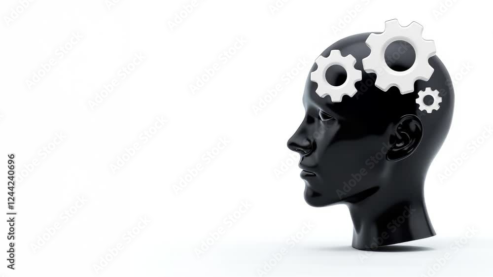 Poster black glossy figure of human head with white gears and space for text. thinking process, innovation,