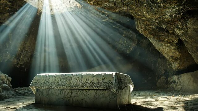 Sunlight filtering into ancient cave illuminating mysterious sarcophagus