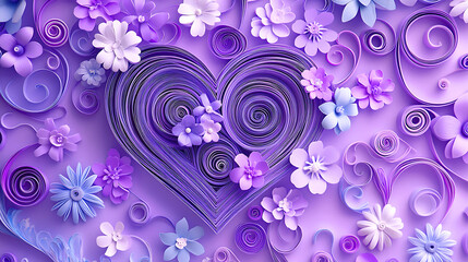 Purple Paper Art Heart with Flowers and Ornaments, A vibrant and delicate design showcasing a heart shape crafted from layered quilled paper in shades of purple, accented with delicate paper flowers a