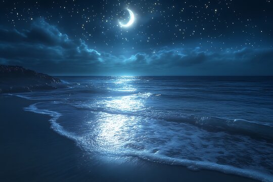 A quiet ocean shore at night with gentle waves glowing under the moonlight and stars shimmering above.