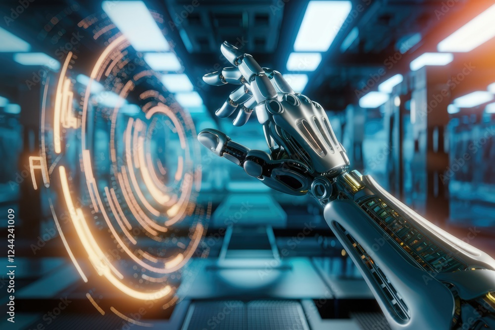 Poster A robotic hand interacts with a futuristic holographic interface in a technological setting.