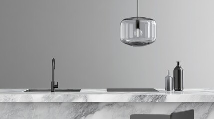 Modern Minimalist Kitchen Design with Marble Countertop and Stylish Lighting