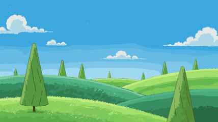 Simple Cartoon Landscape with Green Hills and Trees