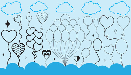 Set of air Balloons and Clouds. Hand drawn illustration for birthday or greeting cards. Collection with black Silhouettes doodle style 