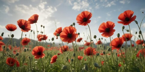 Fototapeta premium Red poppies swaying in the breeze with a subtle background, wildflowers, red flowers