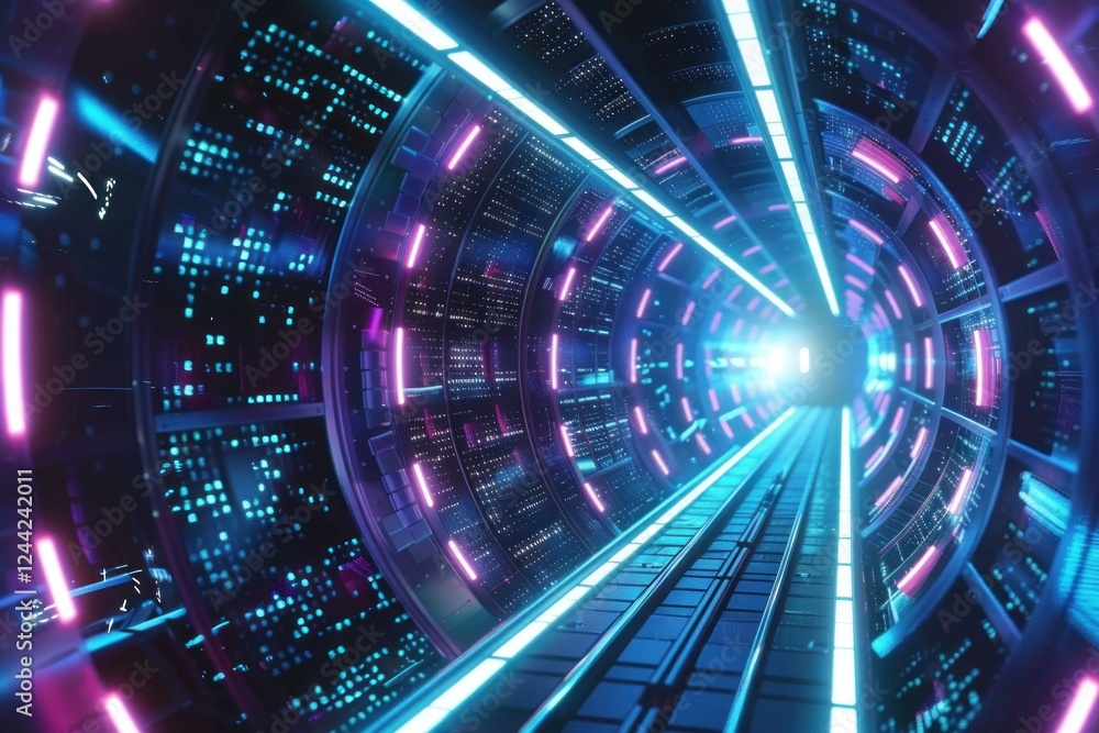 Poster futuristic tunnel with glowing neon lights and binary code leading to bright light at the end, conce