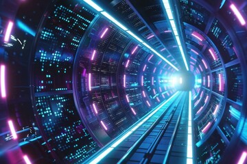 Futuristic tunnel with glowing neon lights and binary code leading to bright light at the end, concept of data transfer, cyberspace, and technological advancement