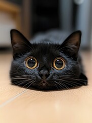A black cat with large yellow eyes lying on a wooden floor and looking directly at the camera.