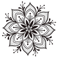 Elegant Black and White Floral Mandala Design: Intricate Line Art, Henna Style, Circular Pattern, Coloring Page, Tattoo Inspiration