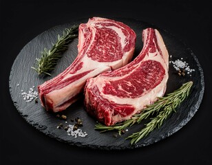 two raw dry aged beef rib steaks cote de boeuf with rosemary pepper and salt