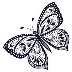 Elegant Ornate Butterfly Design, Intricate Line Art, Black and White Ink Drawing, Floral Wings, Tattoo Style Illustration
