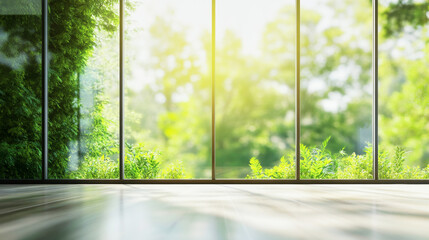 Bright reflections on glass with abstract green foliage viewed from a modern home interior
