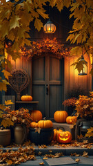 Obraz premium Rustic Halloween decoration with yellow leaves, natural, vibrant