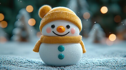 Obraz premium Adorable Snowman Wearing Yellow Knit Hat and Scarf