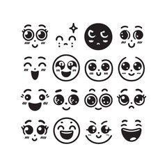Black and white emoji faces, simple line drawings  kawaii style  vector
