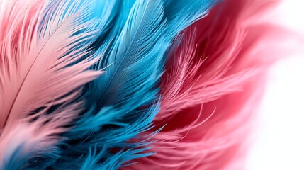 Obraz premium Macro View of Fluffy Pastel Feathers: Blue Pink and Red Hues
