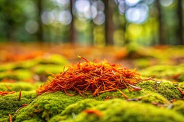 Saffron threads scattered on a mossy forest floor, saffron, fungal growth