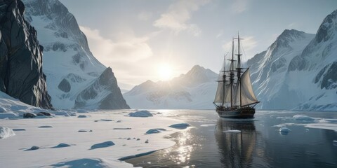 Obraz premium Sailing ship in Neumayer Channel with frozen landscape , navigation, snow covered mountains
