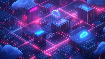 A vibrant digital cityscape with neon cloud symbols, representing cloud computing and technology.