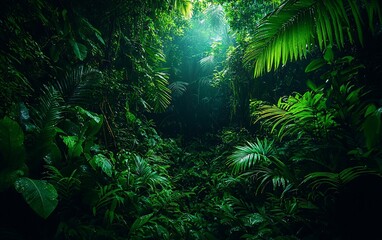 Lush green rainforest with sunlight streaming through canopy.