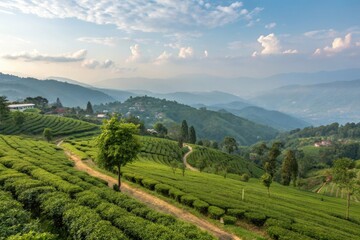 Serene countryside landscape of Kurseong with a vast expanse of tea fields and orchards, serene landscape, tea fields, rural scene, orchard