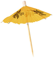 Decorative yellow cocktail umbrella with floral illustrations, side view on white background. Perfect for beverages, graphic design or themed decor. © Octavio