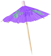 Purple cocktail umbrella with green floral patterns, isolated on transparent background. Decorative paper drink accessory for parties and tropical themes. © Octavio