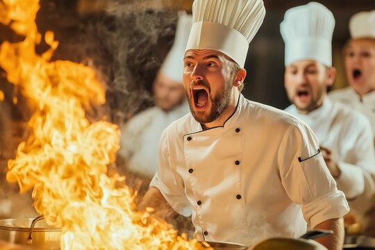 Caucasian male chefs reacting to kitchen fire with intense expressions