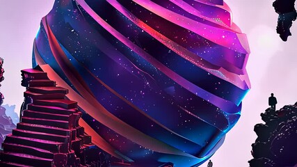 A surreal, futuristic landscape featuring a cosmic spiral surrounded by glowing stairs and vibrant, colorful tones. - Powered by Adobe