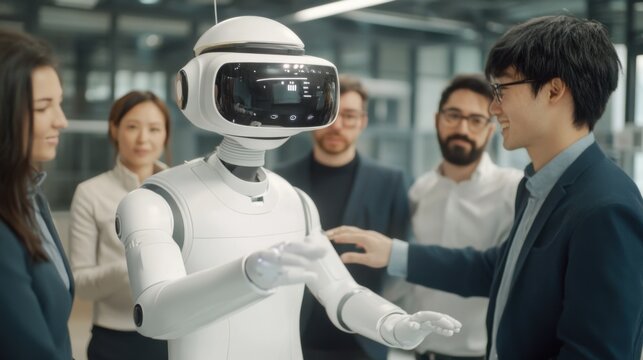 Robot interaction with team in modern office setting technology business environment