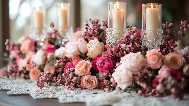 Breathtaking Valentine's centerpiece featuring cascading flowers crystal candle holders and intricate lace details for a luxurious display