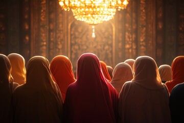Diverse women in colorful hijabs facing golden chandelier in ornate room