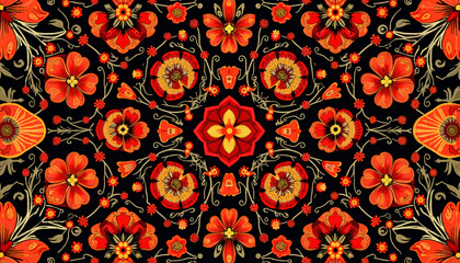 Floral pattern with red, orange, and gold flowers on black background