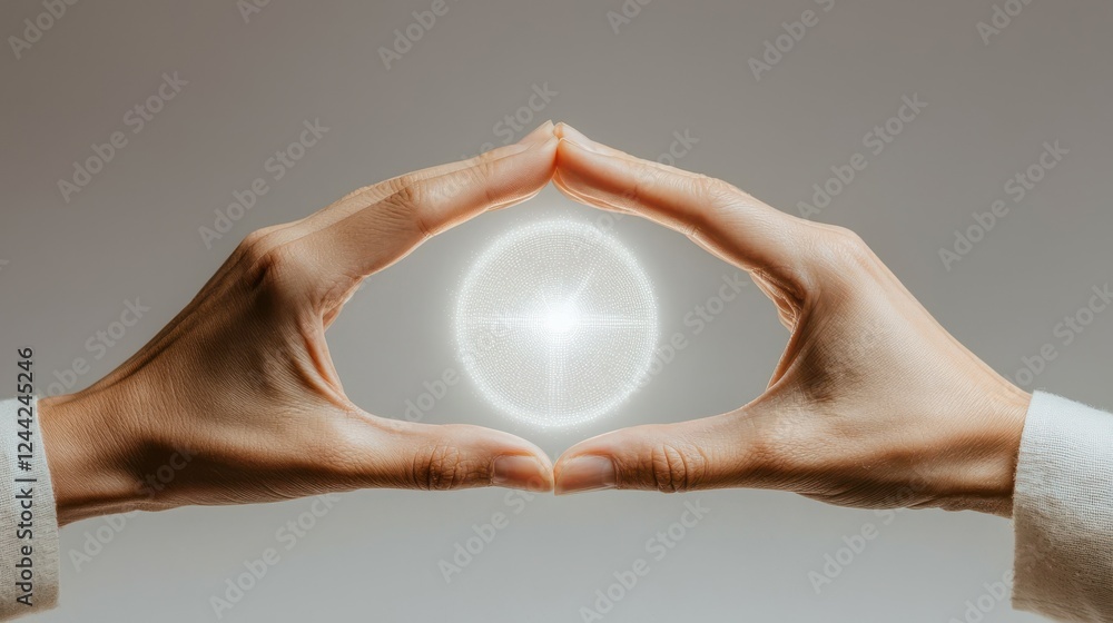Poster hands cradling a glowing orb studio setting conceptual minimalist environment close-up view energy a