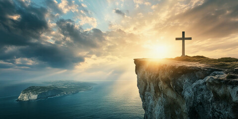 Dramatic cross silhouette on a cliff with illuminating sunlight over the ocean landscape