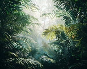 Obraz premium Lush tropical jungle scene with sunlight filtering through dense foliage and mist.